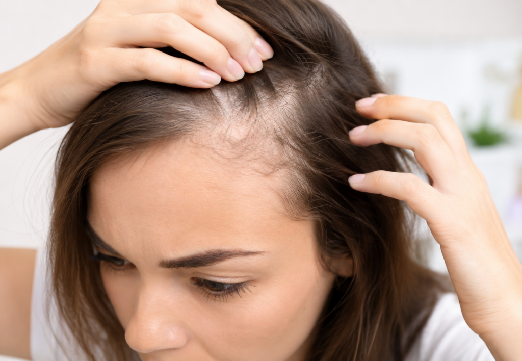 Mujer con preocupación revisando su cabello y cuero cabelludo